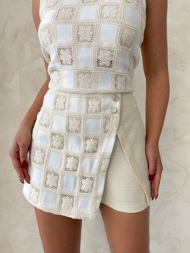 Topshow Lace Detailed Square Pattern Shorts Skirt Stone Cream Wholesale Clothing Summer