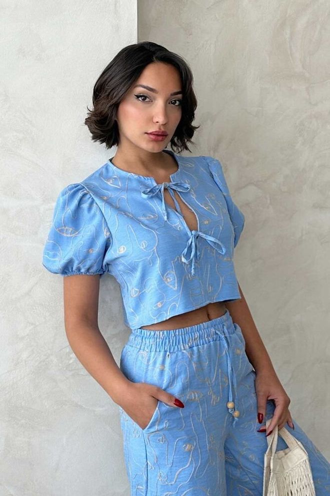 Topshow Nakışlı Önden Baglamalı Bluz Açık Mavi Toptan Giyim Gündelik
