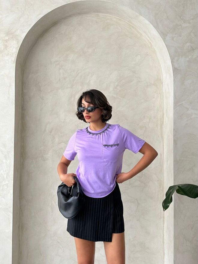 Topshow Lilac Stone Chain Detailed Wholesale T Shirt Wholesale Clothing Birthday