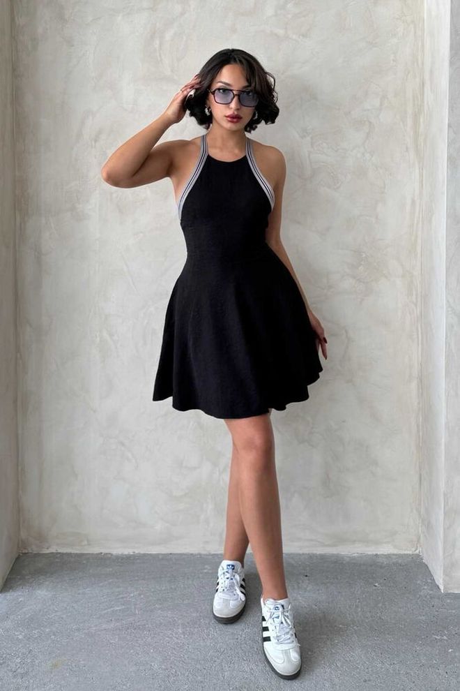 Topshow Vestido Listrado Sem Mangas Preto | Roupas por atacado Casual