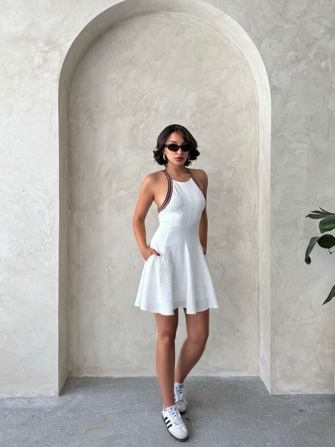 Topshow Striped Sleeveless Dress Cream | Wholesale Clothing Cotton