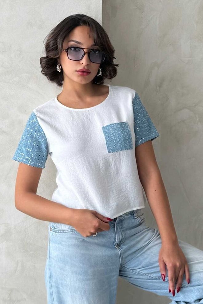 Topshow T shirt All'ingrosso Con Dettagli In Jeans Blu Crema | Abbigliamento all'ingrosso Casuale