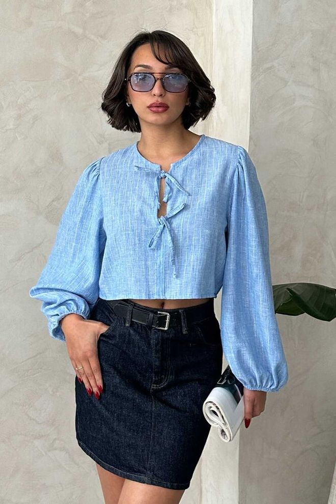 Topshow Blusa Azul Plateada Con Lazo Frontal A Rayas Al Por Mayor Ropa al por mayor Casual
