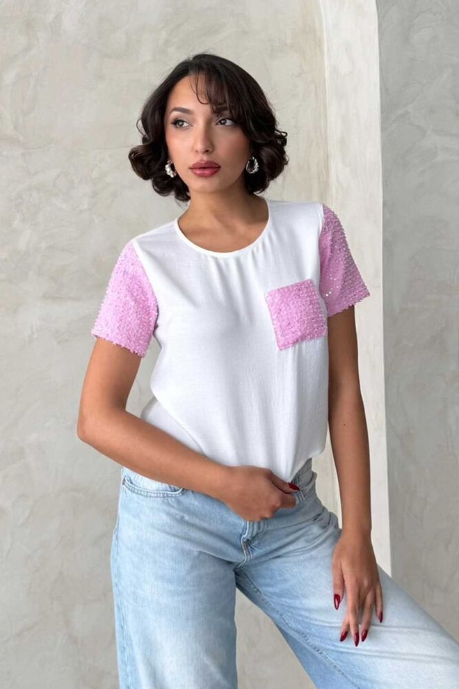 Topshow T shirt All'ingrosso Con Dettagli In Jeans Rosa Crema | Abbigliamento all'ingrosso Casuale
