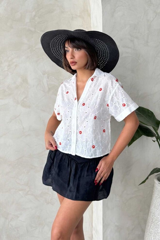 Topshow Cămașă Brodată Brodată Roșu Dsn1 Îmbrăcăminte cu ridicata Casual