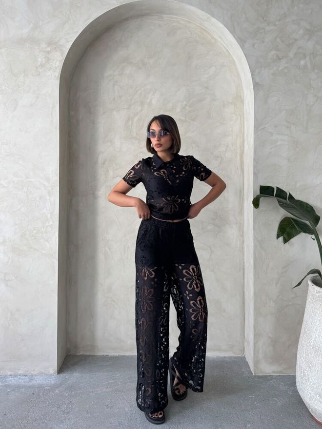 Topshow Blouse En Dentelle À Col Chemise Noir Vêtements en gros Polyester