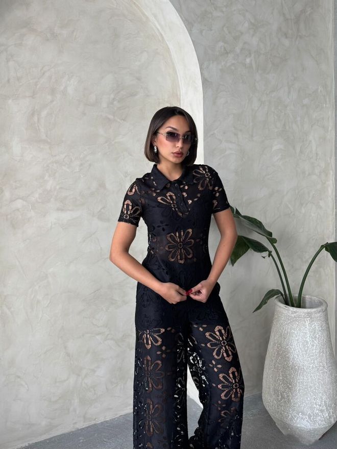 Topshow Blouse En Dentelle À Col Chemise Noir Vêtements en gros Anniversaire