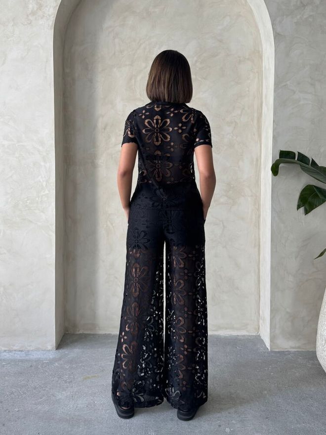 Topshow Blouse En Dentelle À Col Chemise Noir Vêtements en gros Été