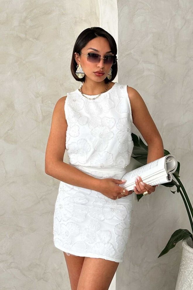 Topshow Bead Embroidered Sleeveless Blouse Cream Wholesale Clothing Elegant