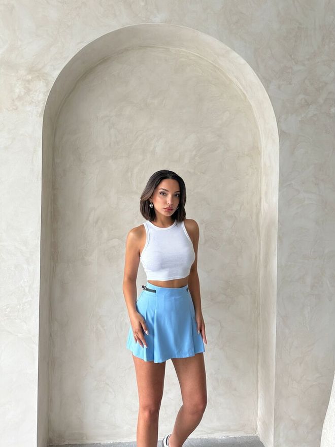 Topshow Belt Detailed Shorts Blue Wholesale Clothing Birthday