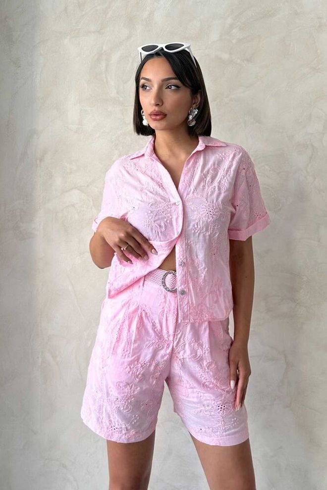 Topshow Embroidered Voile Shirt Pink Wholesale Clothing Elegant