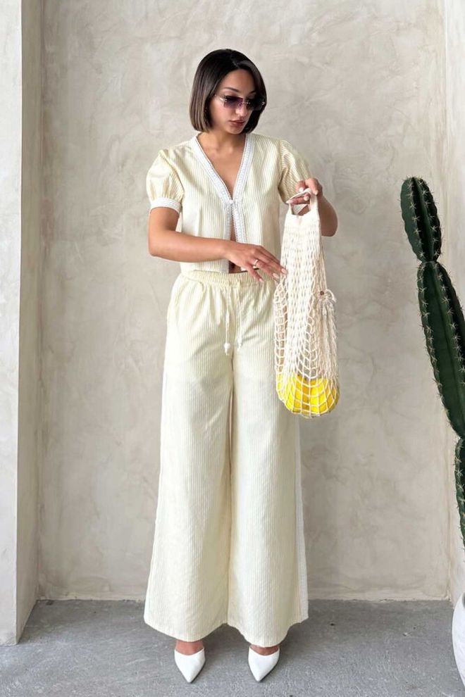 Topshow Guipure Detailed Striped Pants Yellow Wholesale Clothing Casual