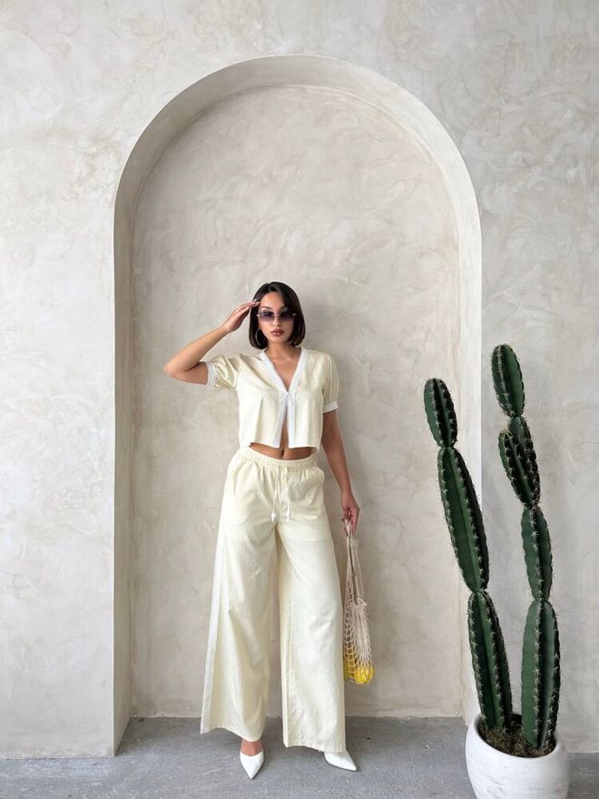 Topshow Guipure Detailed Striped Pants Yellow Wholesale Clothing Birthday