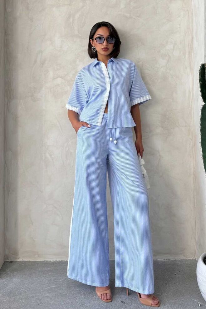 Topshow Guipure Detailed Striped Pants Blue Wholesale Clothing Casual