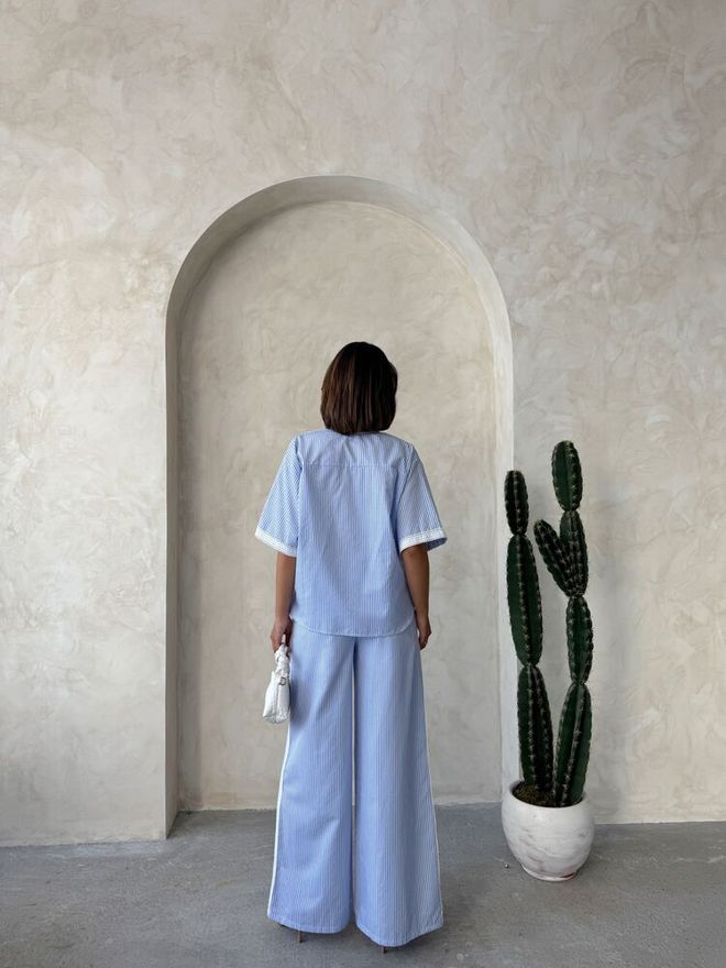 Topshow Guipure Detailed Striped Pants Blue Wholesale Clothing Summer