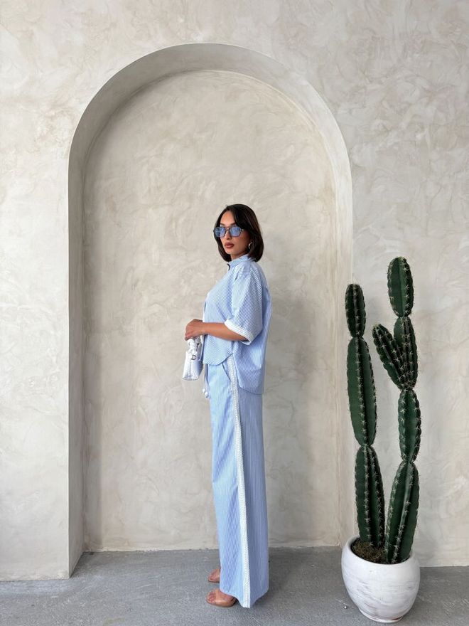 Topshow Guipure Detailed Striped Pants Blue Wholesale Clothing Polyester