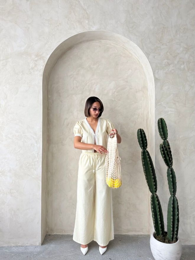 Topshow Guipure Detailed Striped Pants Yellow Wholesale Clothing Polyester