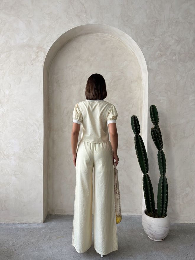 Topshow Guipure Detailed Striped Pants Yellow Wholesale Clothing 4