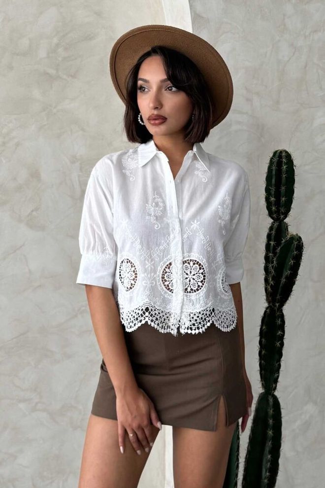 Topshow Embroidered Shirt Cream Wholesale Clothing Casual