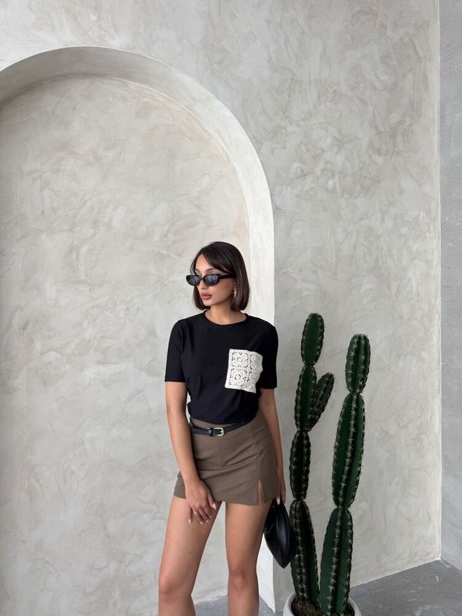 Topshow Pocket Detailed Tričko Čierne Veľkoobchod s oblečením Polyester