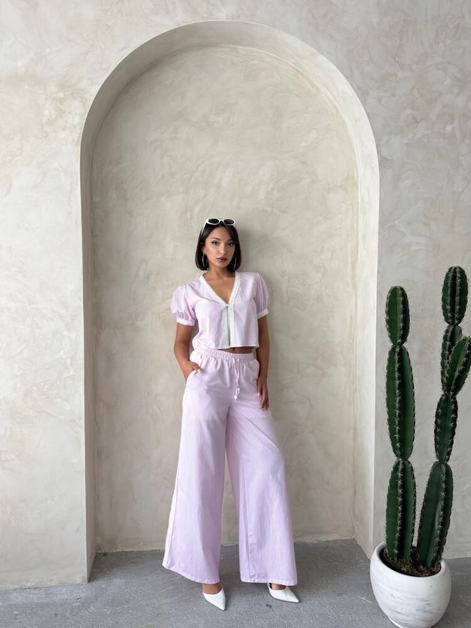 Topshow Guipure Detailed Striped Pants Pink Wholesale Clothing Birthday