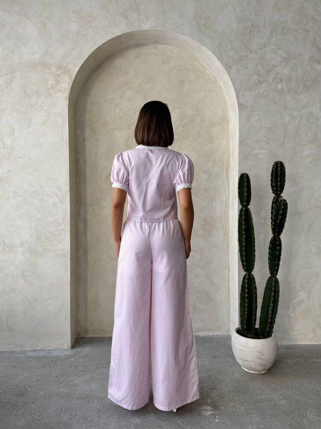 Topshow Guipure Detailed Striped Pants Pink Wholesale Clothing 4