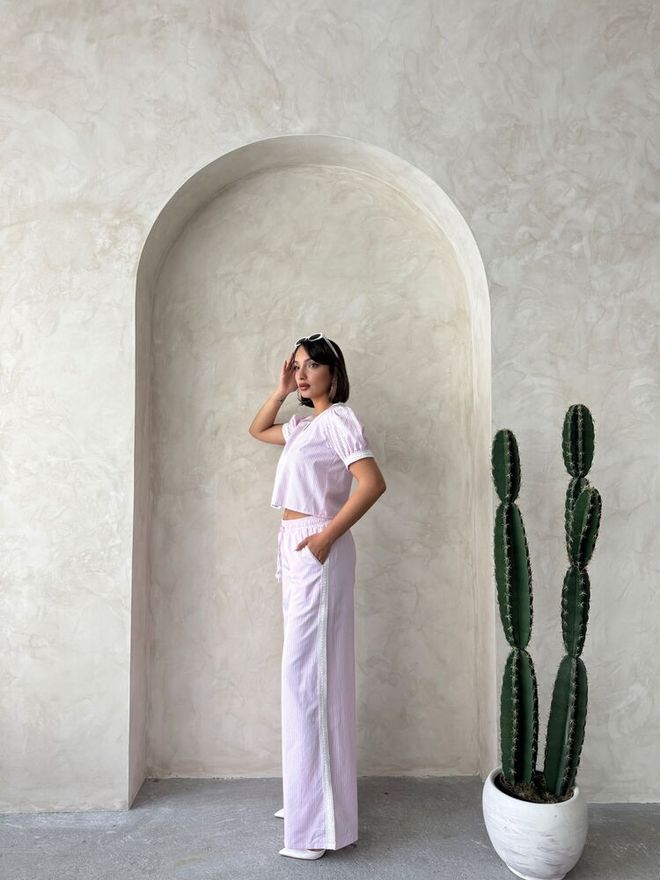 Topshow Guipure Detailed Striped Pants Pink Wholesale Clothing Polyester