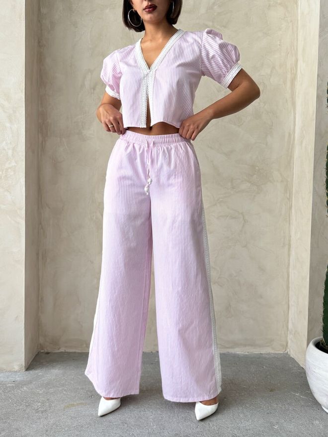 Topshow Guipure Detailed Striped Pants Pink Wholesale Clothing Summer