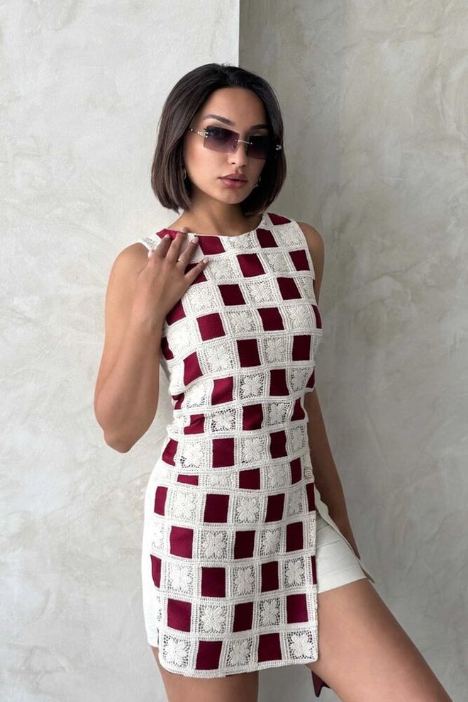Topshow Karirana Bluza Bez Rukava Sirova Bordo Veleprodaja odjeće Elegantan