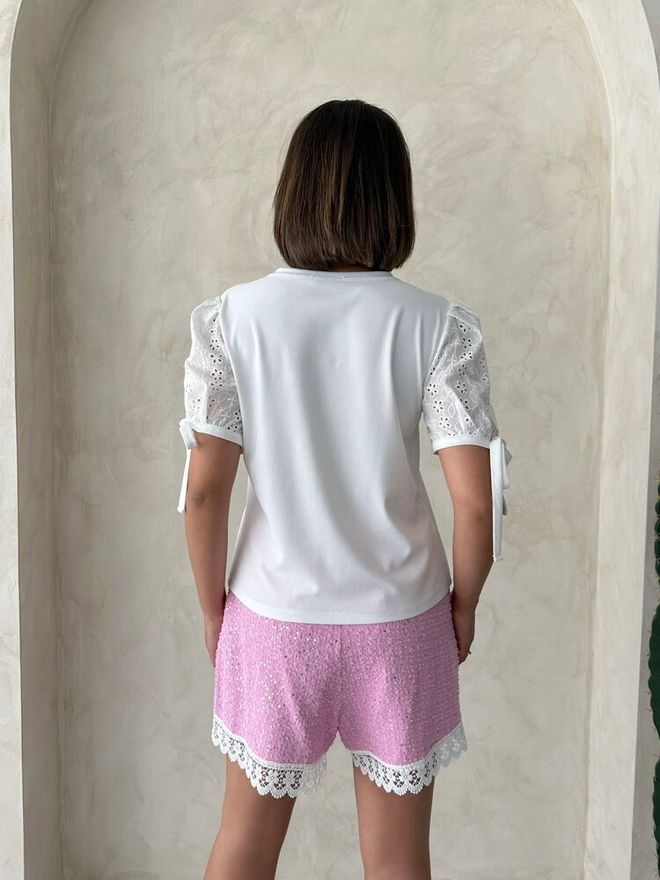 Topshow Guipure Detail Sequin Denim Shorts Pink Wholesale Clothing Elegant