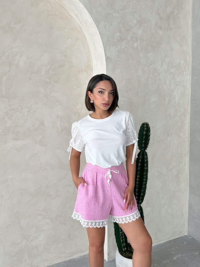 Topshow Guipure Detail Sequin Denim Shorts Pink Wholesale Clothing Summer