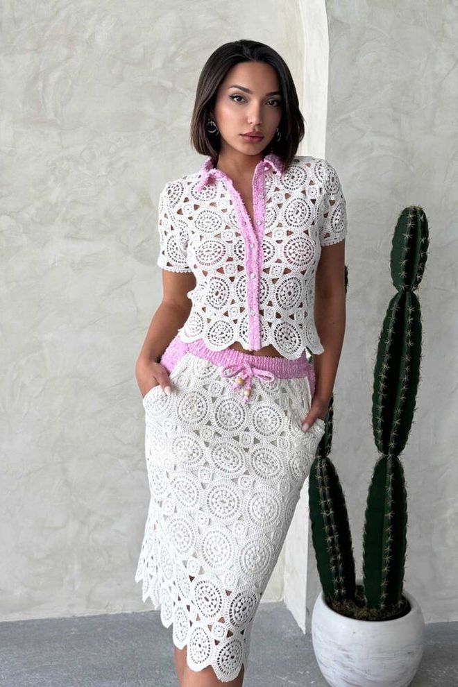 Topshow Spijkerhemd Met Gedetailleerde Kanten Details Raw Pink Groothandel Kleding Casual