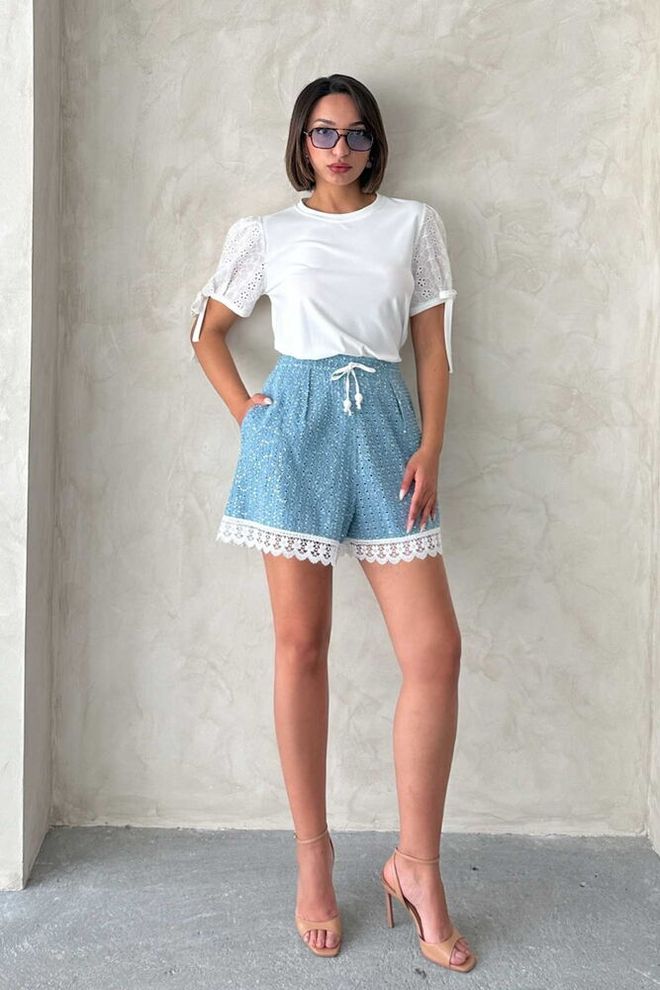 Topshow Pantalones Cortos De Mezclilla Con Detalle De Guipur Y Lentejuelas Azul Ropa al por mayor Casual
