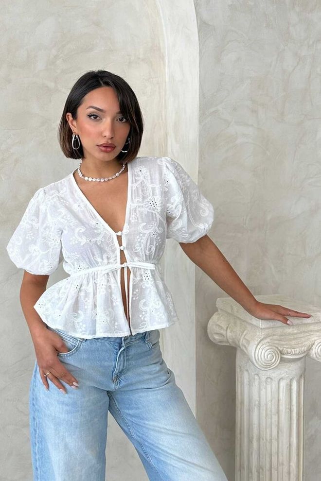 Topshow Front Tie Embroidered Voile Blouse Cream Wholesale Clothing Casual