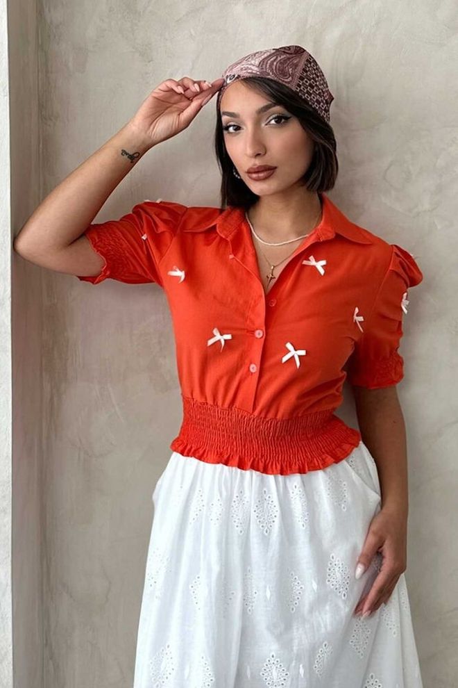 Topshow Chemise Boutonnée À Jupe Longue À Manches D1779 Orange Vêtements en gros Décontracté