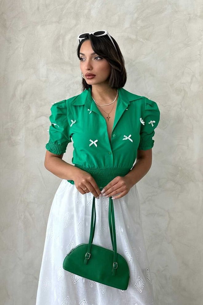 Topshow Chemise Boutonnée À Jupe Longue À Manches D1779 Vert Vêtements en gros Décontracté