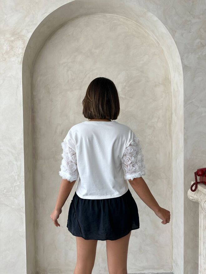 Topshow Sleeve Detailed T Shirt Cream Wholesale Clothing Elegant