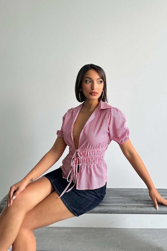 Topshow Chemise Rayée À Nouer Sur Le Devant D2812 Bordeaux Vêtements en gros Décontracté