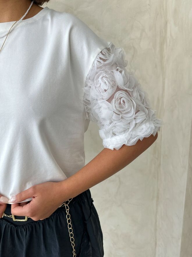 Topshow Sleeve Detailed T Shirt Cream Wholesale Clothing Summer