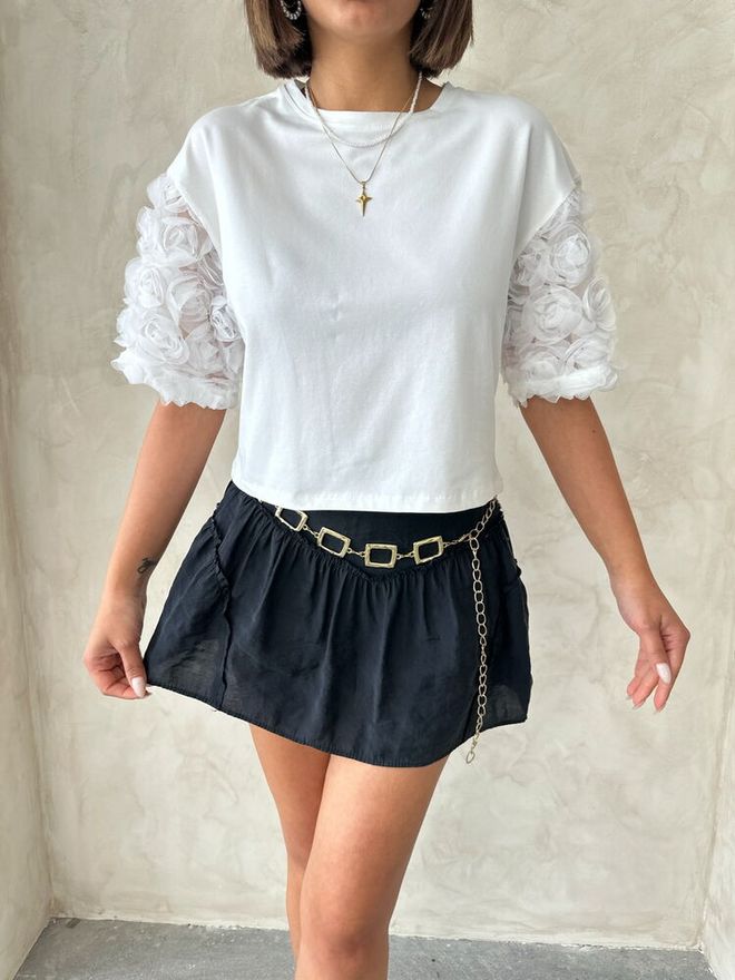 Topshow Sleeve Detailed T Shirt Cream Wholesale Clothing Birthday
