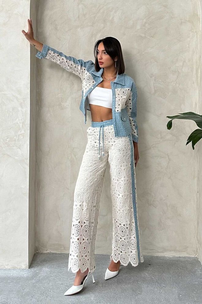 Topshow Denim Detailed Lace Pants Raw Wholesale Clothing Cotton