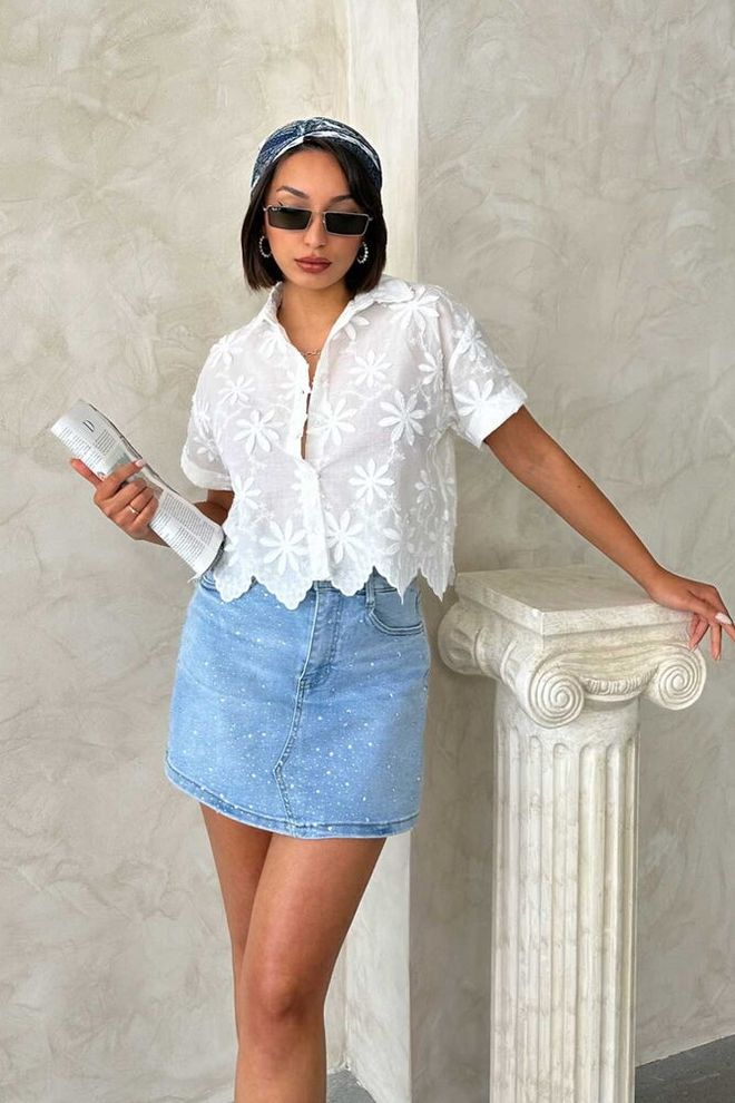 Topshow Camisa Bordada Creme Roupas por atacado Casual