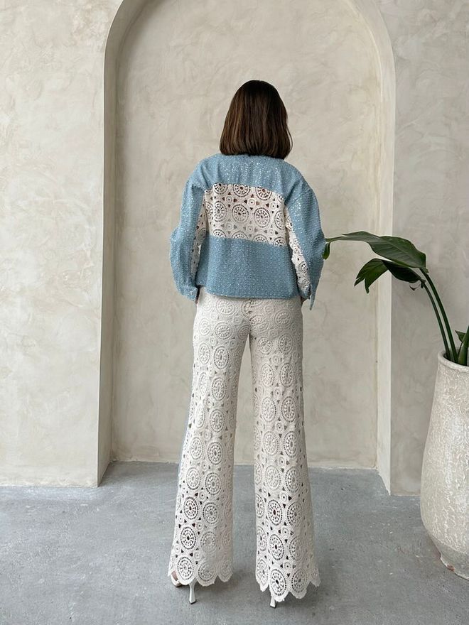Topshow Denim Detailed Lace Pants Raw Wholesale Clothing Elegant