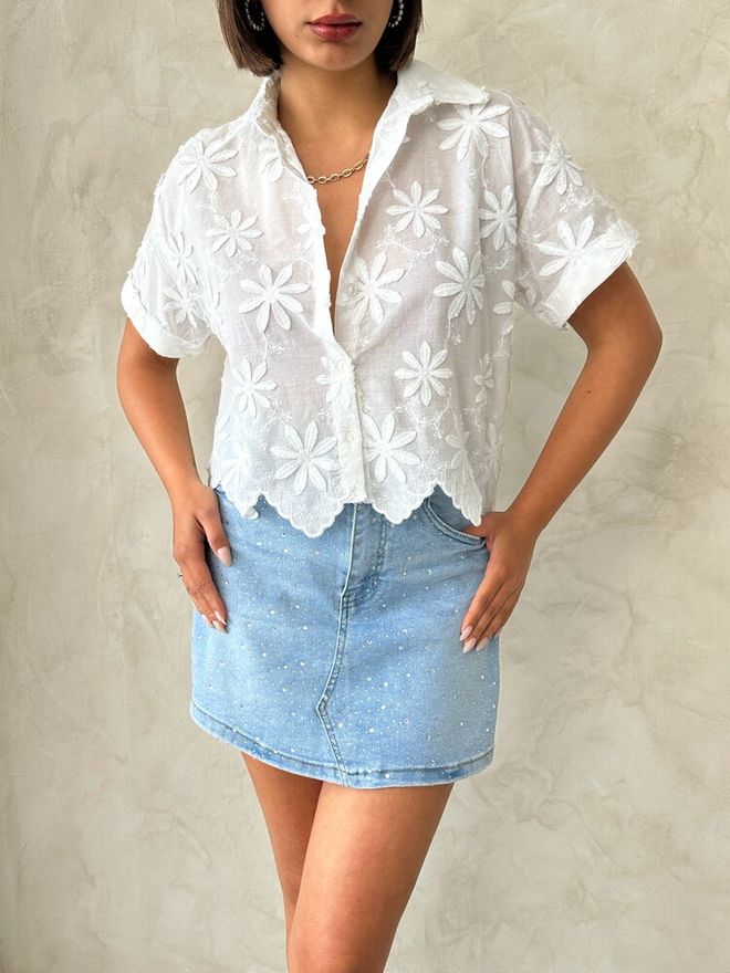 Topshow Embroidered Shirt Cream Wholesale Clothing Summer