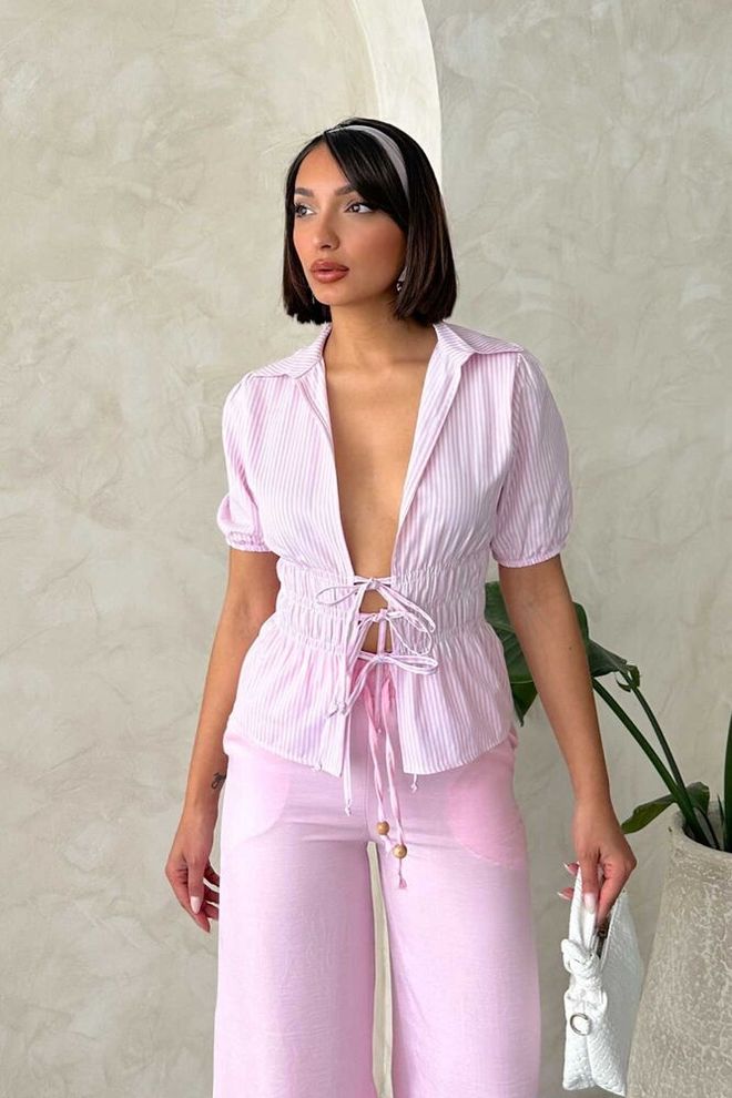 Topshow Chemise Rayée À Nouer Sur Le Devant D2812 Rose Vêtements en gros Décontracté