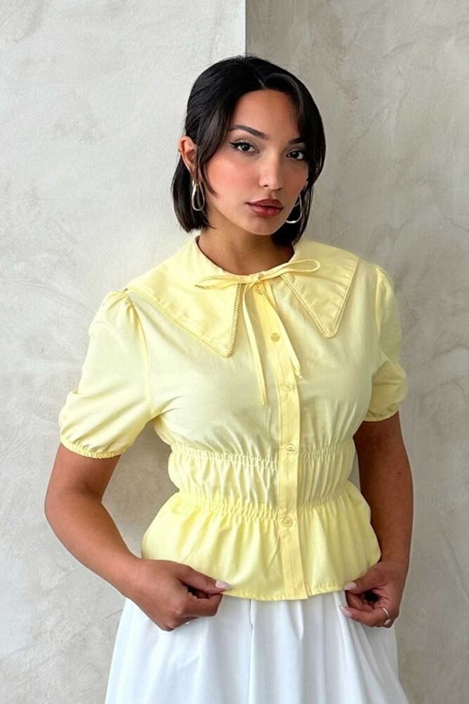 Topshow Chemise Volantée À Col Détaillé Jaune Vêtements en gros Décontracté