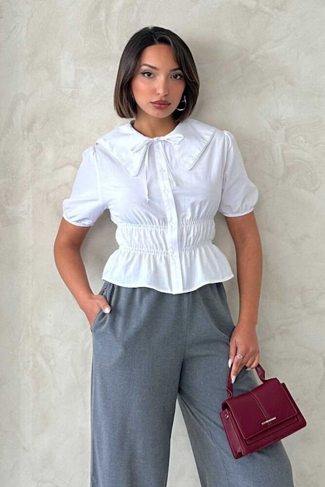 Topshow Collar Detailed Ruffle Shirt White Wholesale Clothing Casual