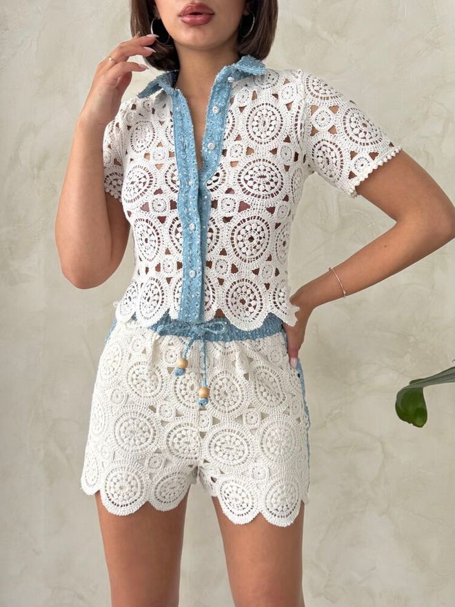 Topshow Denim Detailed Lace Shirt Raw Wholesale Clothing Summer