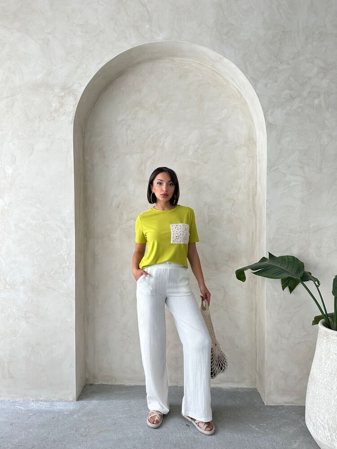 Topshow Pocket Detailed T Shirt Pistachio Green Wholesale Clothing Polyester