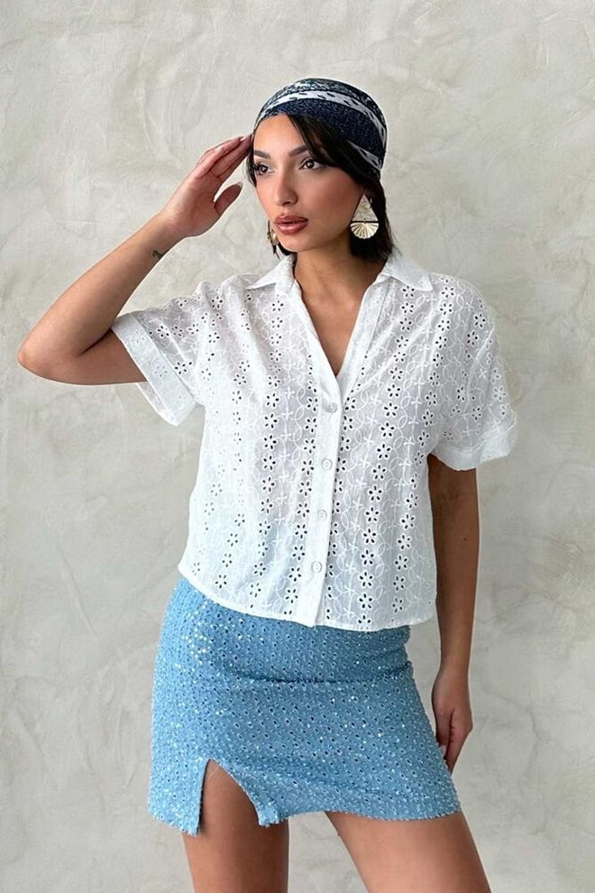 Topshow Embroidered Shirt Cream Wholesale Clothing Casual